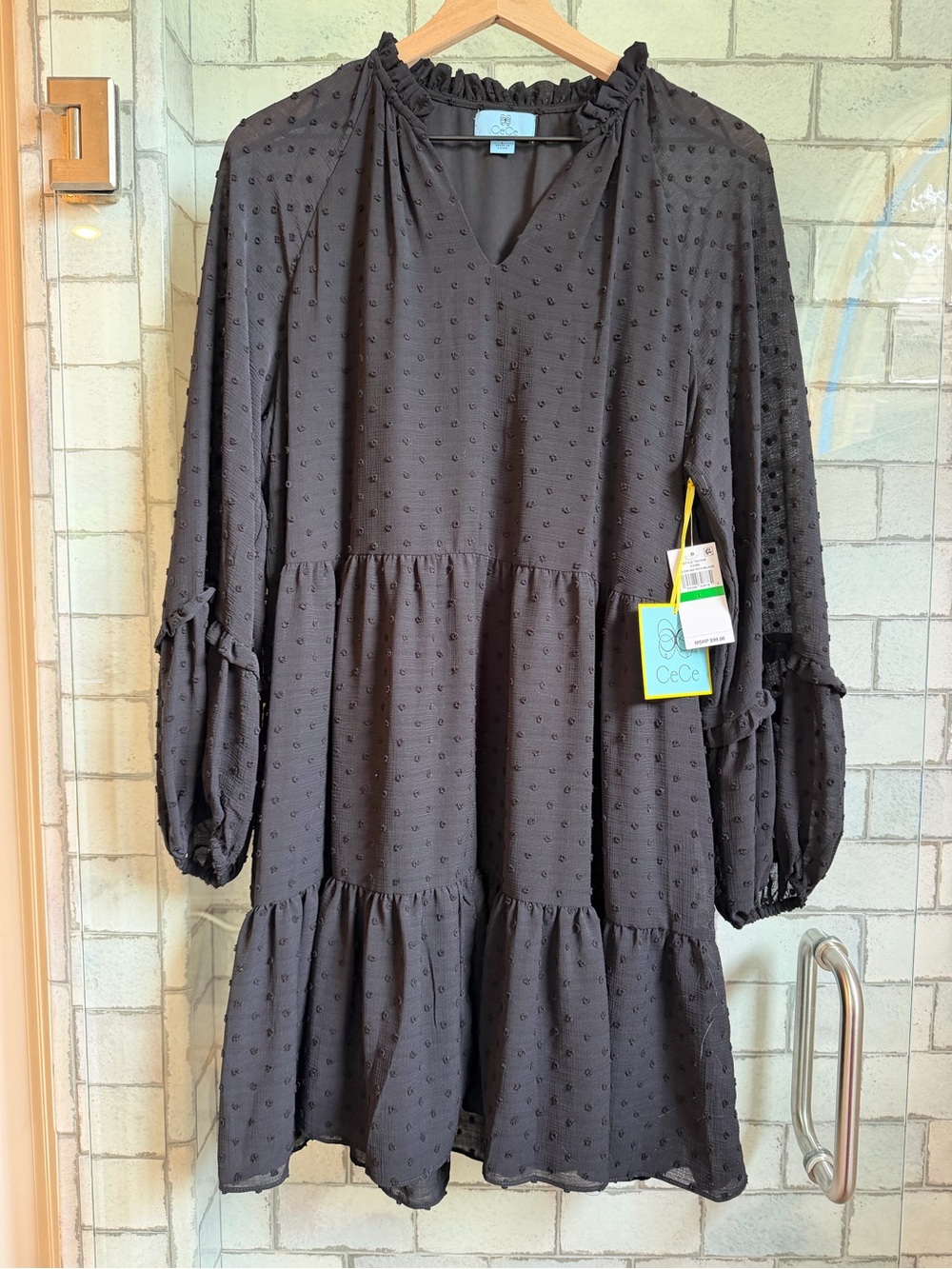 NWT CeCe Black Swiss Dot Tiered Peasant Dress Size L